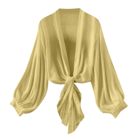 Qholemyo Women's Tie-Front Chiffon Shrug Lightweight Long Lantern Sleeve Summer Cardigan Cute Stylish Casual Cropped Coverup