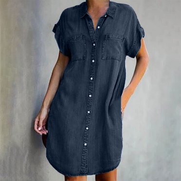 VEKDONE 2025 Clearance Summer Denim Shirt Dresses for Womens Short Sleeve Loose Jean Midi Dress Button Down Casual Shift Dress Tunic Top