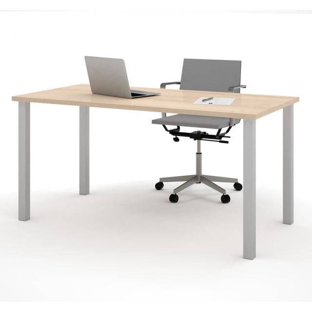 Bestar 30" X 60" Table with Square Metal Legs featuring a durable light wood melamine finish work surface and matte silver square metal legs with levellers, shown as a computer desk setup with a grey office chair and laptop on a white background, ideal for office or home workspace.