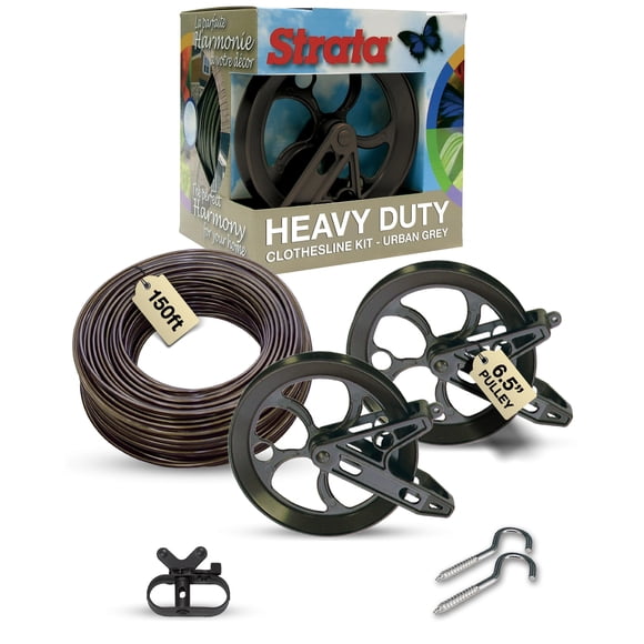 Strata Aged Bronze Harmony Clothesline Outdoor Heavy Duty Kit - 150 Feet Galvanized Wire PVC Coating, 6.5" Aged Bronze Clothesline Pulley 2pcs, Metal Mini
