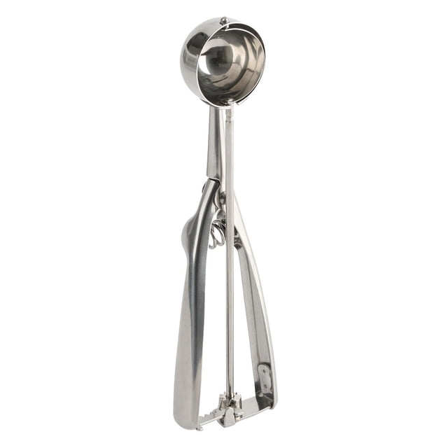 Mainstays Cuillère à Biscuits en Acier Inoxydable avec Gâchette, Vue Frontale Verticale Montrant la Cuillère en Acier Inoxydable Poli avec une Capacité de 0,8 oz et un Mécanisme à Engrenages pour un Démoulage Facile, avec Poignées Ergonomiques, Idéale pour Portionner Uniformément la Pâte à Biscuits, la Crème Glacée Ou les Boulettes de Viande.
