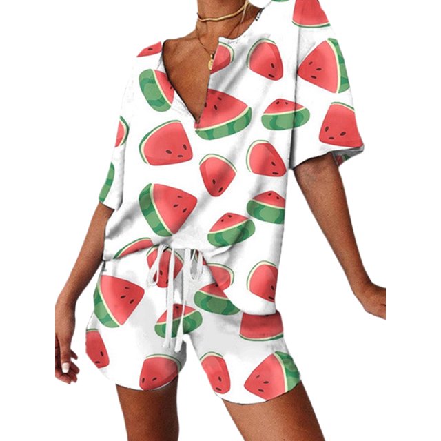Innerwin Ensembles Imprimé Melon D\'eau Marguerite Ensemble de Détente pour Femmes Rue Col en V Survêtement Décontracté Rouge m