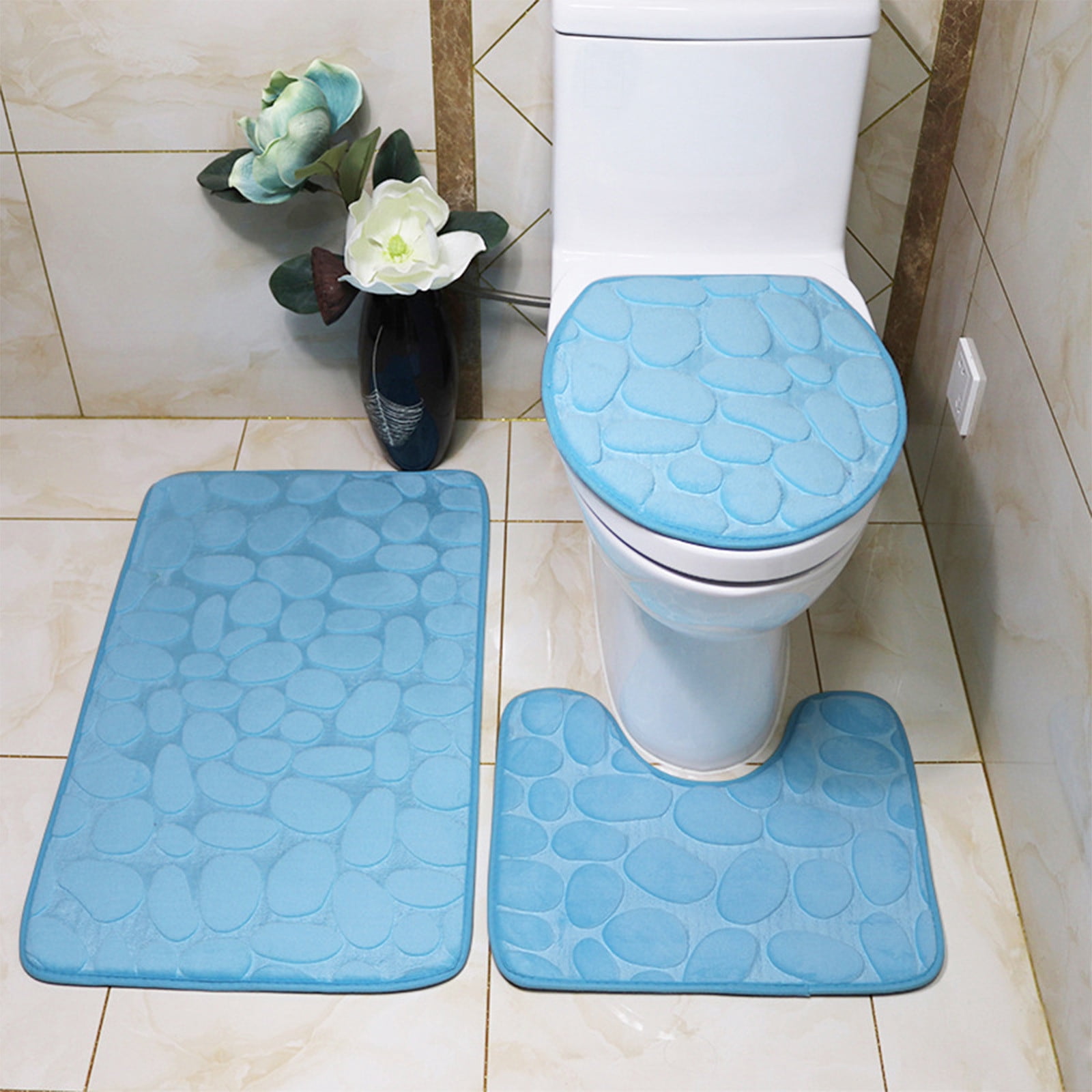 Dvkptbk 3 Piece Bathroom Rug Set Includes Bath Rug, Contour Mat and Toilet Lid Cover Super Soft Non Slip Bathtub Carpet and Absorbent Bath Mat Bathroom Carpet, Light Blue on Clearance