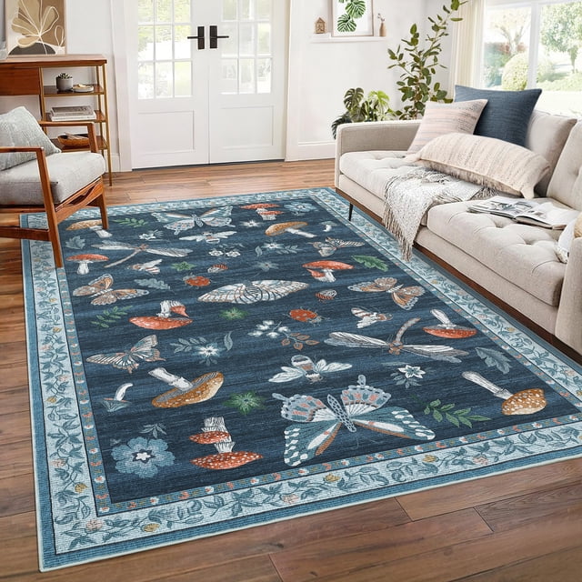 Garvee 5'x7' Modern Insect Floral Print Runner Rug, Mushroom Washable Rugs Indoor Carpet With Non-Slip Backing For Living Room Bedroom Home Office, Blue