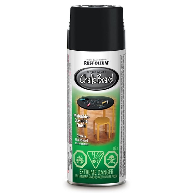 Rust-Oleum Specialty Chalkboard Black Spray Paint can with black cap, labeled with an image of a round wooden table featuring a writable, erasable chalkboard finish and colorful chalk pieces, suitable for creating chalkboard surfaces on wood, metal, drywall, plaster, glass, and concrete.
