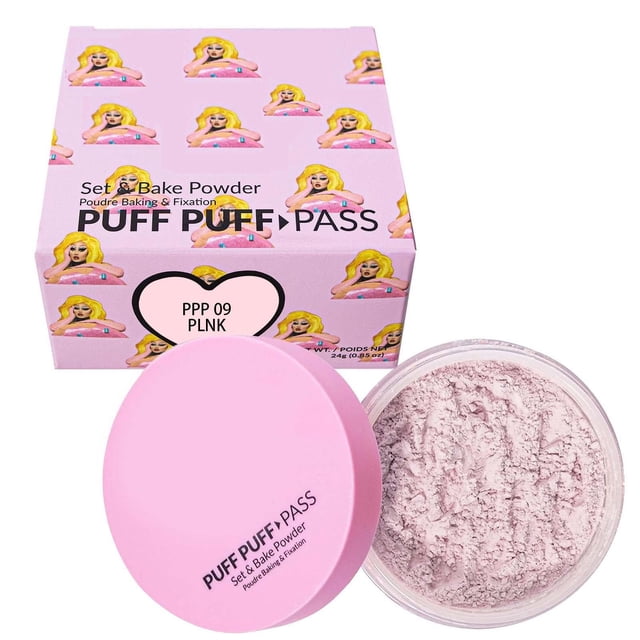 Kimchi Chic Beauty Puff Puff Pass Set and Bake Powder, a loose face powder in soft lavender shade, designed for uneven skin tone. Includes a luxurious velour powder puff for application. The product is shown with its pink container and matching decorative box featuring playful illustrations. Ideal for setting and baking makeup with a mattifying finish.
