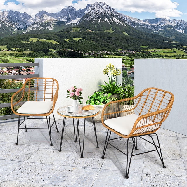 Gymax 3PCS Rattan Patio Bistro Set Conversation Furniture Set w/ White Cushions