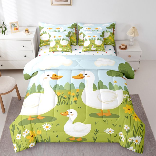 Duck Full Bedding Set 7-Piece Farmhouse Decor Comforter Set 7-Piece for Kids Boys Girls Teens,Yellow Florals Botancial Bed In A Bag,Cute Animals Rustic Sheet Set,Blue Green