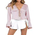 thumbnail image 1 of PENGXIANG Blouses en Satin à Lacets pour Femmes avec Col en V et Manches Longues, 1 of 5