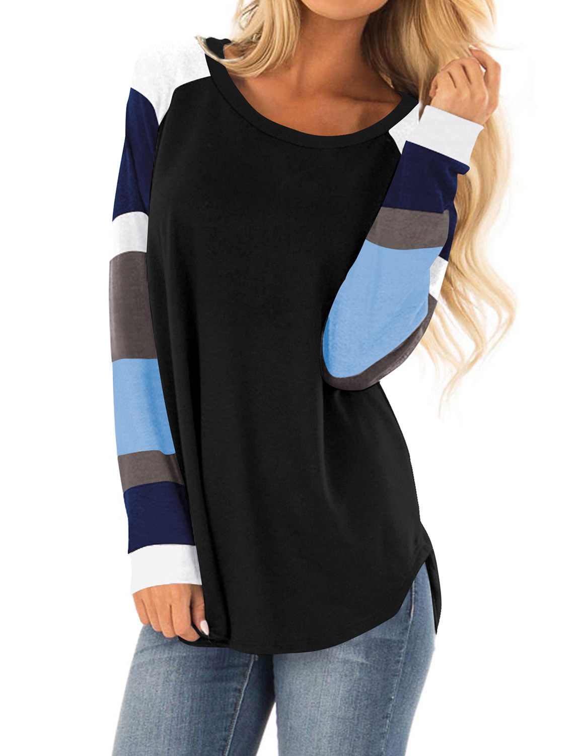 ZXZY Women Color Block Round Neck Long Sleeve Scoop Hem Tunic Top