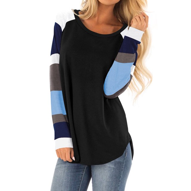 ZXZY Women Color Block Round Neck Long Sleeve Scoop Hem Tunic Top