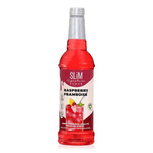 Slim Syrups Sugar Free Raspberry Syrup in a 750 ml bottle, featuring a vibrant red liquid with a label showcasing raspberries and a drink illustration. The syrup is keto-friendly with 0 calories, 0 sugar, and 0 carbs, offering 25 servings. Ideal for beverages and desserts.