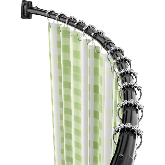 Misounda Curved Shower Rods, 35-63 inch adjustable shower curtain rod in black stainless steel with a curved design. Ideal for bathrooms, bathtubs, and cloakrooms, it features a wall-mounted drilling installation, adjustable length, and a 180-degree rotatable base bracket for versatile setups. Includes green and white checkered shower curtain hung with metal roller hooks, maximizing shower space with its curved shape.