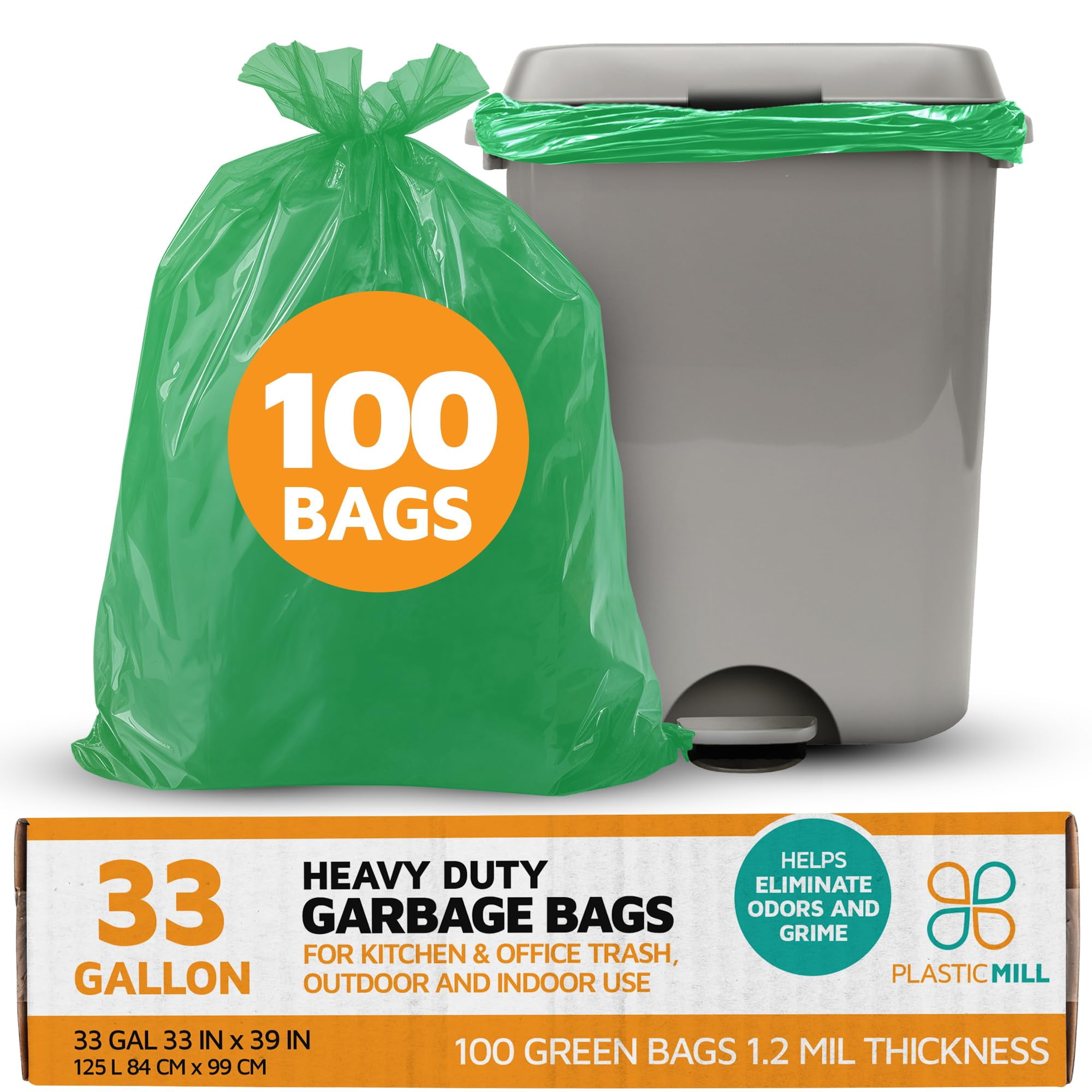 PlasticMill Heavy Duty Trash Bags - Green Garbage Bags - Plastic Trash Bags - Tall Trash Bags, Trash Can Liners - 33-Gallon Large Kitchen Trash Bags, 1.2 Mil, 33"x39" (100-Count)