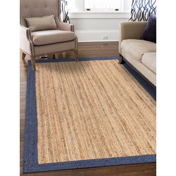 Aizza Trends 10x14 Ft Navy Blue & Natural Jute Area Rug, Boho Chic Natural Jute Area Rug - Hand-Braided, Rustic Farmhouse Decor for Living Room Carpet,