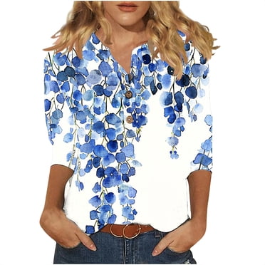 UPPADA Moins de 15 Chemisier à Col en V pour Femme à Manches 3/4 Boutonné à Imprimé Floral Hauts en Lin Tenue Décontractée d'Été Mode T-Shirts Basiques en Coton et Lin Coupe Ample Chandails à Enfiler 2025 Blanc,G