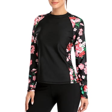 Charmo Women Long Sleeve Rash Guard Swimsuit Colorblock Swim Shirts Printed UV Shirts