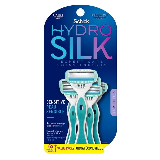 Schick Hydro Silk Sensitive Care disposable women’s razors 6 count pack featuring 5 Curve Sensing blades and hypoallergenic aloe serum for sensitive skin, with ergonomic white and teal handles on blue value pack packaging.