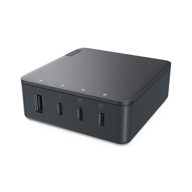 Lenovo Go 130W Multiport Charger à Fini Noir Épuré, Mettant en Vedette un port USB-A et Trois ports USB-C pour Charger jusqu'à Quatre Appareils Simultanément. Idéal pour Ordinateurs Portables, Téléphones Intelligents et Autres Appareils, Il Offre une allocation Intelligente de l'Alimentation pour une Recharge Efficace.