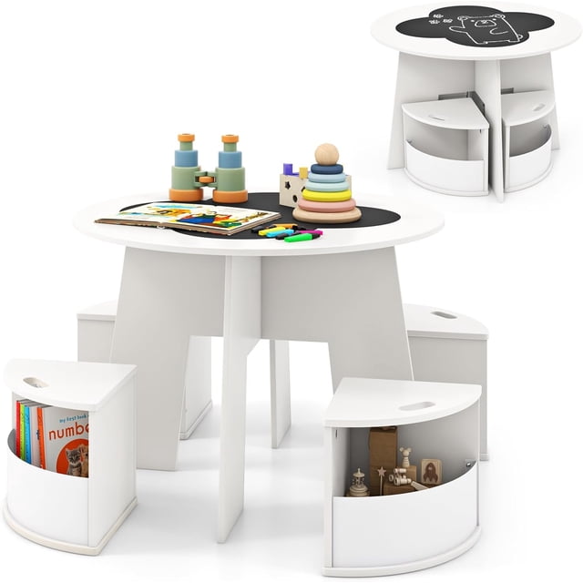 OLAKIDS Toddler Table and Chair Set with 4 Storage Stools, Wooden Flower Shaped Nesting Table with Blackboard Drawers, Children Multi-Activity Table for Art Crafts Draw Read Boys Girls 3+