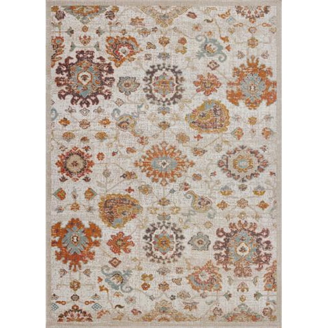 LaDole Rugs Venice Marigold Cream Ornamental Indoor/Outdoor Area Rug, 5'3' x 7'6', featuring a vibrant ornamental pattern in a bright color palette of marigold, cream, and other hues. Made from 100% polypropylene, this medium-low pile rug is durable, colorfast, and suitable for both indoor and outdoor use. Ideal for patios, living rooms, or as a decorative centerpiece.
