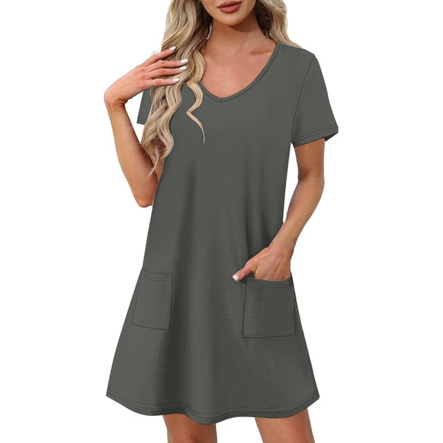 Liquidation d'Été 2025! Robe Grande Taille pour Femmes, Liquidation de Robe d'Été pour Femmes, Mode Féminine d'Été Couleur Unie Manches Courtes Col en V Robe Décontractée