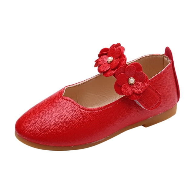 Children Kid Baby Girls Solid Flower Student Single Soft Dance Princess Shoes in a vibrant red color. The shoe features a PU leather upper with a soft texture, a hook-and-loop closure for easy wear, and a decorative flower design with pearl accents on the strap. The anti-slip rubber sole ensures safety, making it suitable for toddlers and little kids. Ideal for casual, fashion, or party occasions.