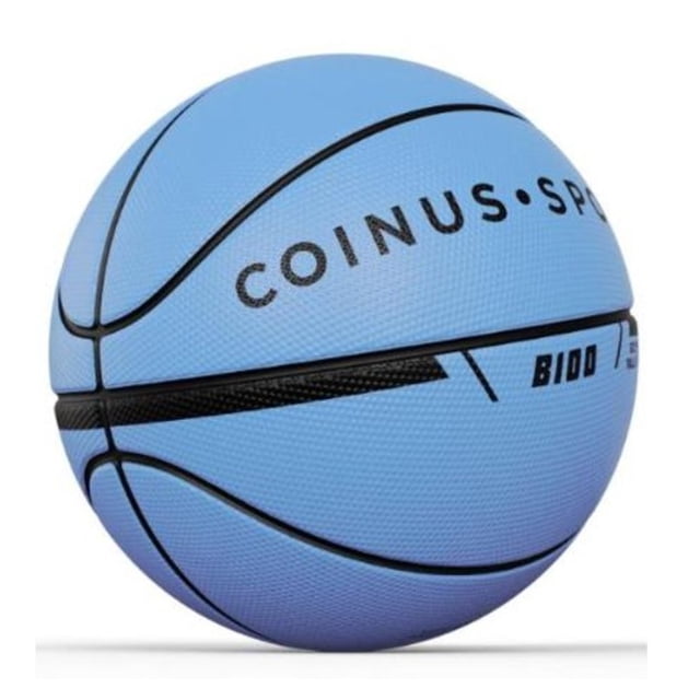 Coinus Sports Opp Basketball Size 7 (29.5") Blue basketball with textured rubber surface and black channel lines, featuring COINUS SPORTS branding and model B100, designed for indoor and outdoor play and suitable for driveway use.