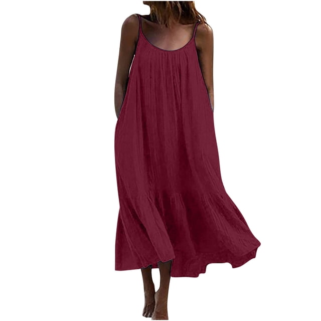 Robe Maxi pour Femmes Décontractée d'Été Sans Manches à Bretelles Spaghetti, Robe Soleil à Volants à Étages Fluide de Plage Boho Longue