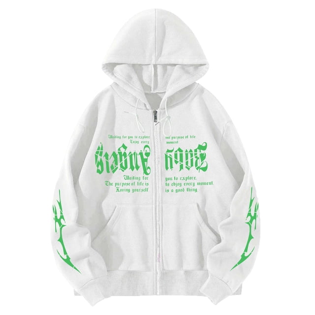 Bmisegm Femmes Mode à Imprimé de Lettres Chandails à Capuchon Amples Style Oversize Gothique Hop Chandails à Manches Longues Chandails Décontractés pour Femmes Blanc m