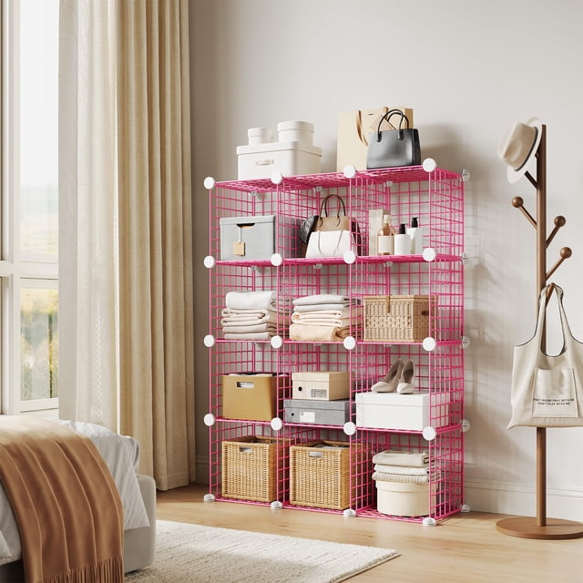 EDTara Modular Wire Cube Storage Organizer, 12-Cube Metal Grid Shelf Unit for Closet, Books, Office, or Entryway
