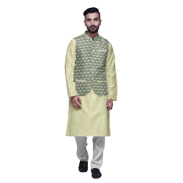Atasi Kurta Solid Churidar Pajama & Printed Nehru Jacket Set For Mens Party Wear
