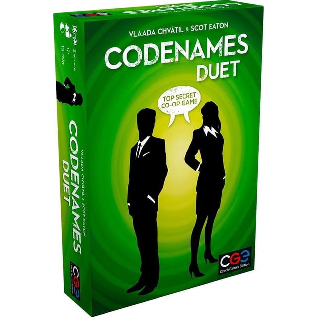 Czech Games Edition Codenames: Duet XXL board game box showing a green gradient background with silhouettes of a man and woman in business attire, labeled as a top secret cooperative word association game for two or more players, suitable for classic board game fans.