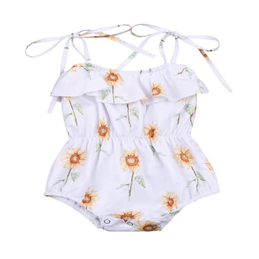 Baby Girl‘s Sling Romper Cartoon Sunflower Print Falbala Jumpsuit