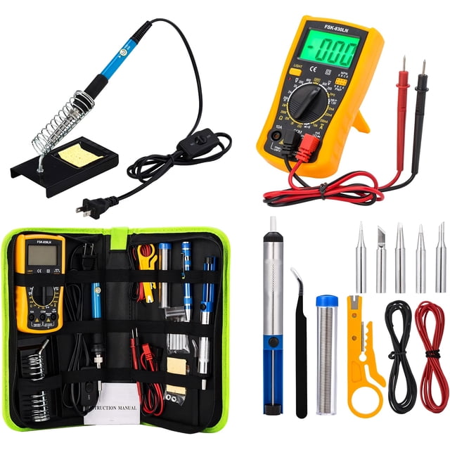 Kit de Soudage DIY avec Multimètre, Outil de Soudage à Température Réglable 60 W avec Interrupteur Marche/arrêt. Comprend un Fer à Souder, Multimètre Numérique, Pompe de Désosdage, Cinq Embouts de Soudage Alternatifs, Tournevis de Poche, tube en Fil d'Étain, Support pour Fer à Souder, Pince Antistatique, Deux Fils Électroniques, et un Manuel d'Utilisateur. le Kit Est Bien Organisé dans un Sac d'Outil en Cuir PU. le Fer à Souder Présente une Puissance de Sortie de 60 W, une Plage de Température Réglable de 392 °