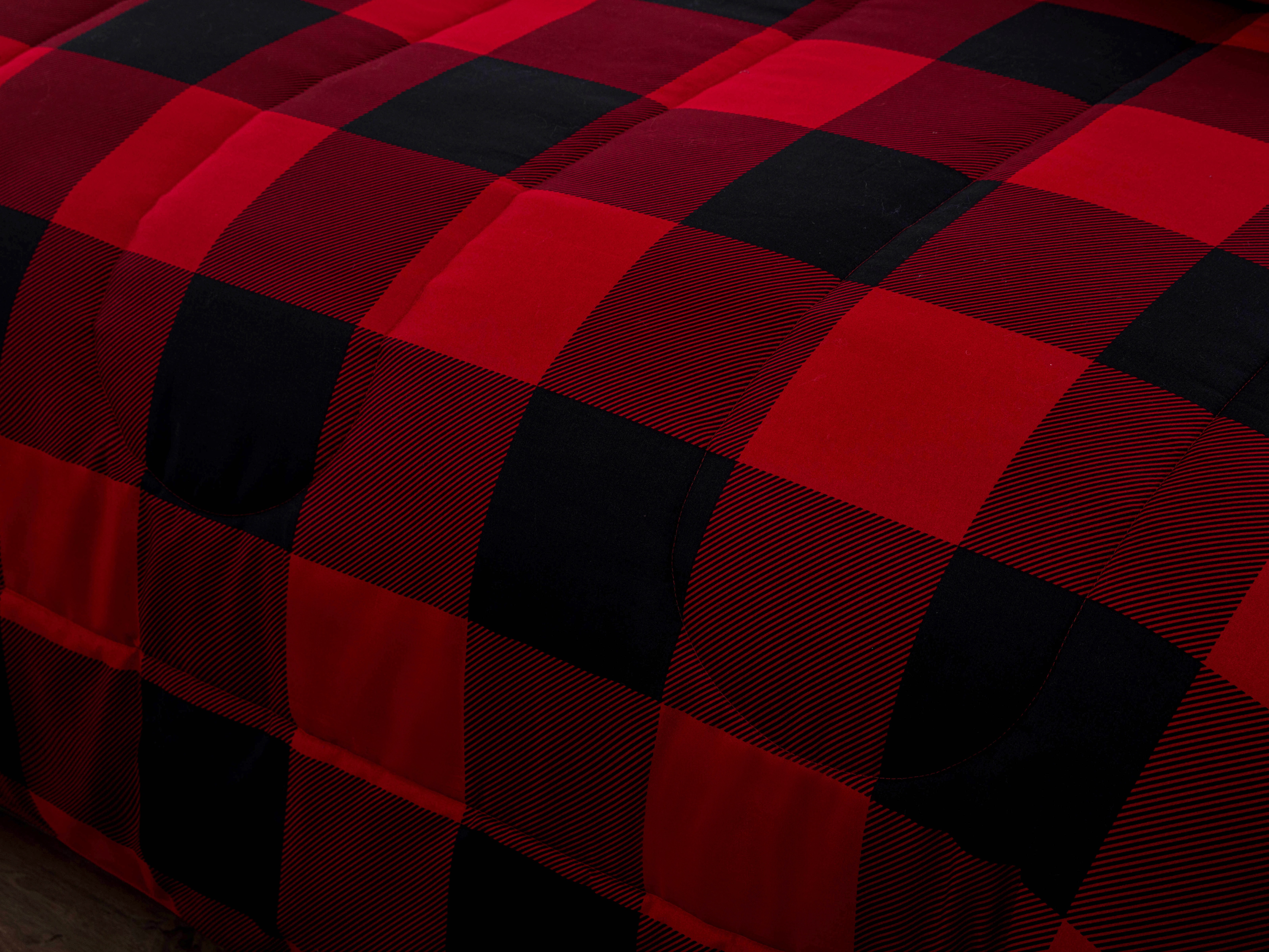 Marina Décoration Literie luxueuse ultra douce en duvet d'oie, alternative au duvet d'oie, richement imprimée, avec draps, motif à carreaux rouges et noirs