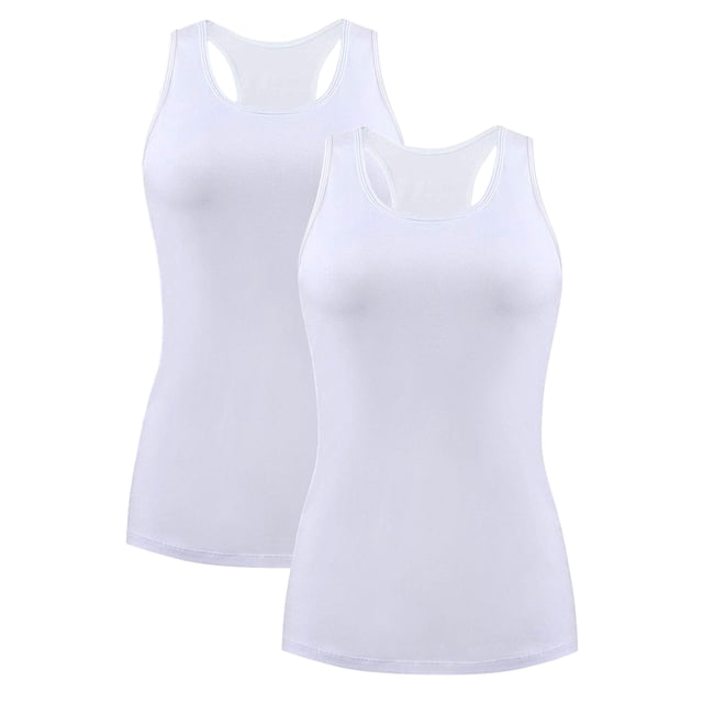 Charmo Cotton Camisole for Women with racerback tank top design, wider straps, and built-in shelf bra for support. Made from 95% cotton and 5% spandex, these camisoles offer stretch and comfort. Displayed as a set of two in plain white, ideal for layering or casual wear.
