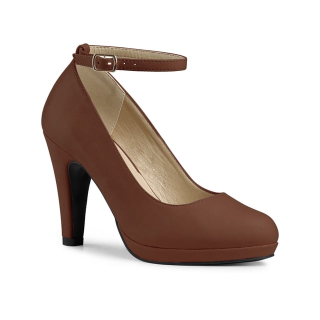 BLISSFUL STEP Chaussures pour Femmes Bout Rond Talon Aiguille Bride à la Cheville Escarpins Brun Foncé 9.5