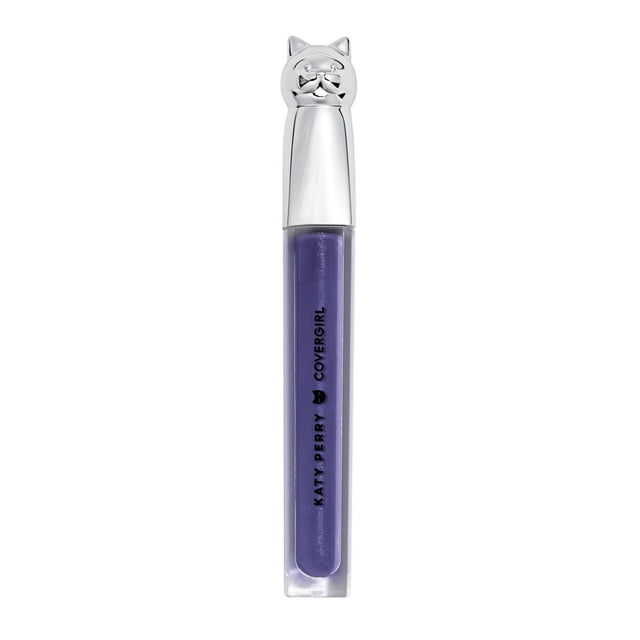 COVERGIRL Katy Kat Gloss lip gloss in purple with a clear rectangular tube and a silver cat-head cap, intensely pigmented with a soft shine and creamy texture, ideal for rich colour and glossy lips.