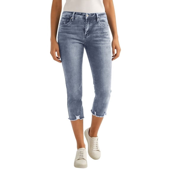 SZJXBUY Baggy Capri Jeans for Women Summer Casual Slim Fit Denim Pant Trendy Distressed Straight Leg Curvy High Elastic Waist Pants with Pockets Blue,L