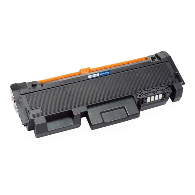 L-ink Cartouche de Toner Noire Compatible Samsung MLT-D118S Montrée à l'Avant avec un Corps en Plastique Noir et une Bande de Protection orange, Dotée d'Une Étiquette Bleue « LSML118S Cartouche de Toner Laser », Compatible avec les Imprimantes Samsung Xpress M3015DW et M3065FW, Certifiée ISO, Offrant un Rendement de 4 000 Pages et une Qualité d'Impression Nette, Sans Bavures.
