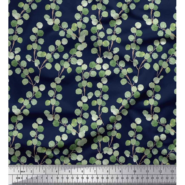 Soimoi Blue Poly Georgette Fabric Leaf Leaves Decor Fabric Printed Yard 42 Inch Wide
