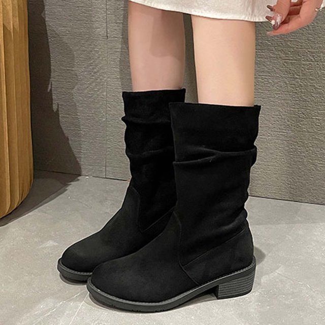 LSLJS Bottes à Talon Épais Mi-Mollet pour Femmes, Bout Rond Décontracté, Mode Hiver Automne, Bottes en Flocage, Bottes Mi-Mollet pour Femmes, Bottes pour Femmes