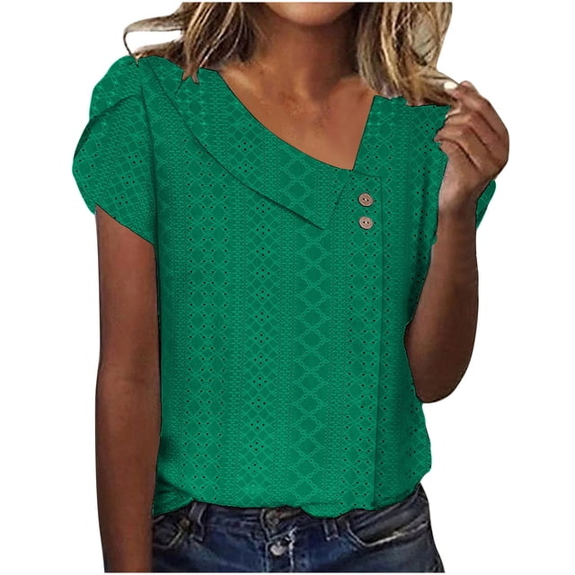 Fgnfyis T-Shirt à Manches Courtes à Col en V Uni avec Boutons et Manches Pétales pour Femme Hauts pour Femmes Vert TTG
