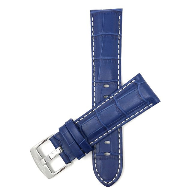 24mm Mens' Alligator Style Leather Watch Strap Band, White Stitching, Stainless Steel Buckle.
