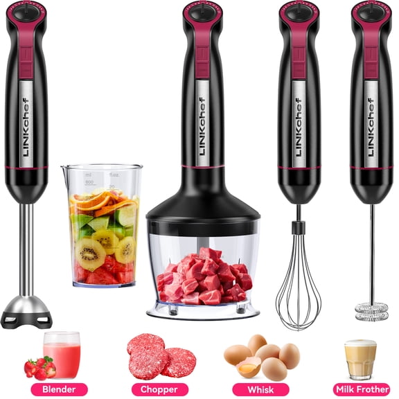 Mixeur plongeant LINKChef, 1000 W, 20 vitesses, modèle 5-en-1 avec mode Turbo, inclut hachoir et bol gradué de 600 ml (Noir)