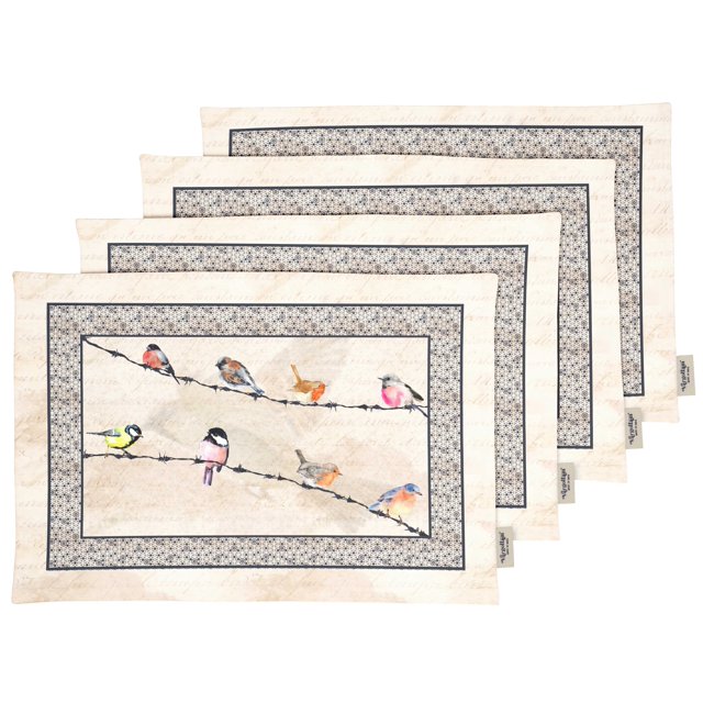 Vargottam Napperons - Napperon pour Table à Manger, Ensemble de 4 - Serviette en Coton Imprimée et Réversible - Napperons d'Intérieur pour Table de Maison et de Cuisine - Oiseau (Beige)