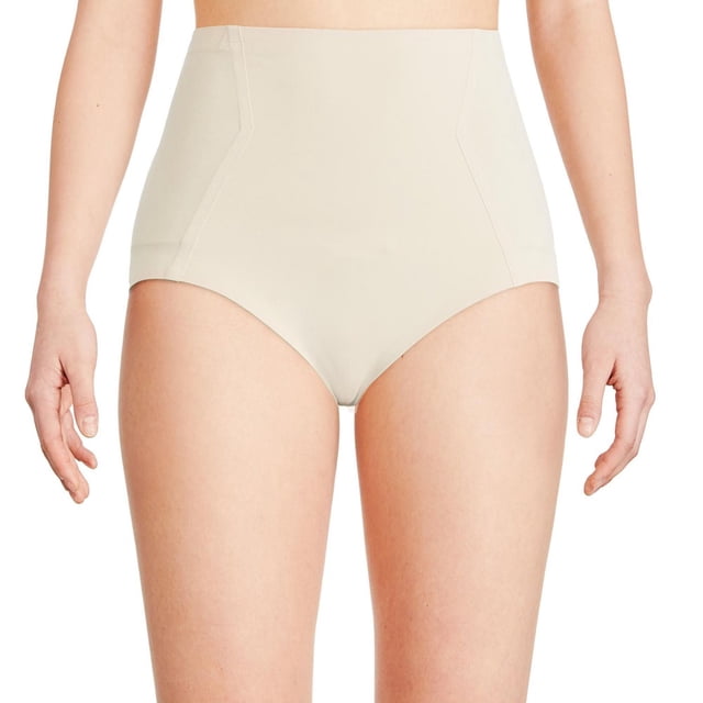 George Women's Bonded Shaper Brief in beige with mid-rise fit, bonded edges at waistband and hem, elasticized waistband, inner mesh tummy control panel, and cotton gusset, made of jersey knit fabric to shape waist and hips while lifting and supporting the bottom, ideal for smooth wear under dresses, skirts, and jeans.