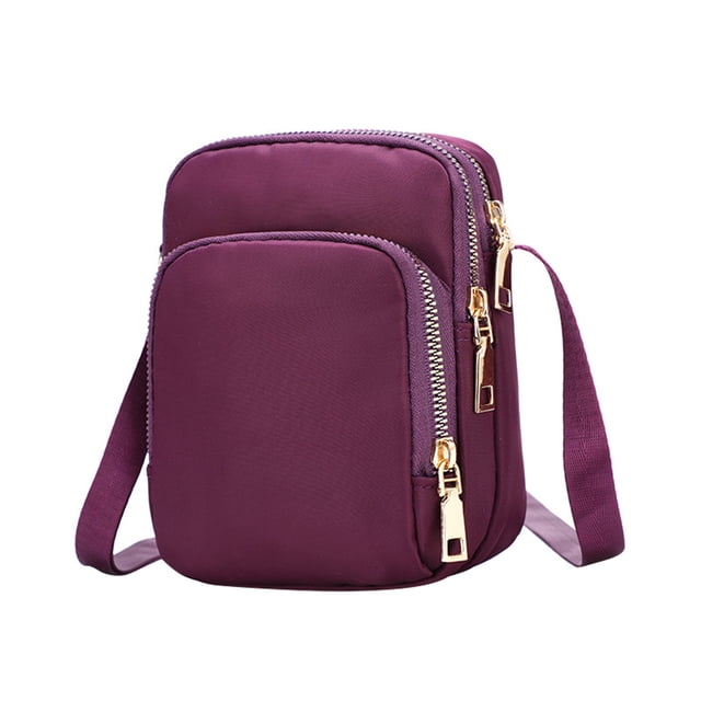 Crossbody Bags for Women Crossbody Purse Shoulder Bag made of durable nylon in a deep purple color. Features a compact size of 17x12x7cm (6.7x4.7x2.8in) with three zippered compartments and an adjustable shoulder strap. Designed for carrying essentials like money, credit cards, phone, and keys. Suitable for casual or dressy outfits, ideal for shopping, traveling, or outdoor activities.