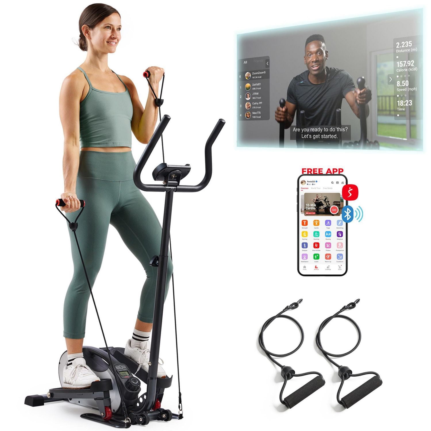 Sunny Health & Fitness Machine Elliptique Mini 2 en 1 Assis/Debout, Pédalier Portable sous Bureau pour Exercices à Domicile pour Seniors, Application Sunnyfit Gratuite avec Connexion Bluetooth, Barres
